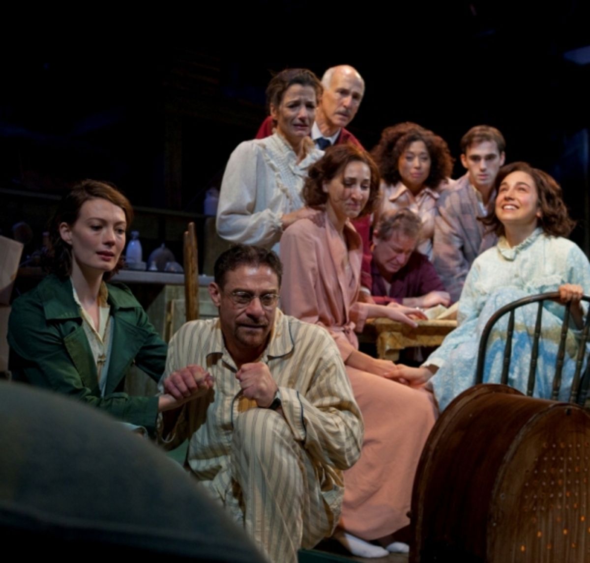 Monica West (Miep Gies), Lou Liberatore (Mr. Dussel), Lauren Culpepper (Margot Frank), Steve Vinovich (Mr. Van Daan), Molly Ephraim (Anne Frank); back row, standing from left, Felicity Jones (Edith Frank), Mitch Greenberg (Otto Frank), Mimi Lieber (Mrs. V at 